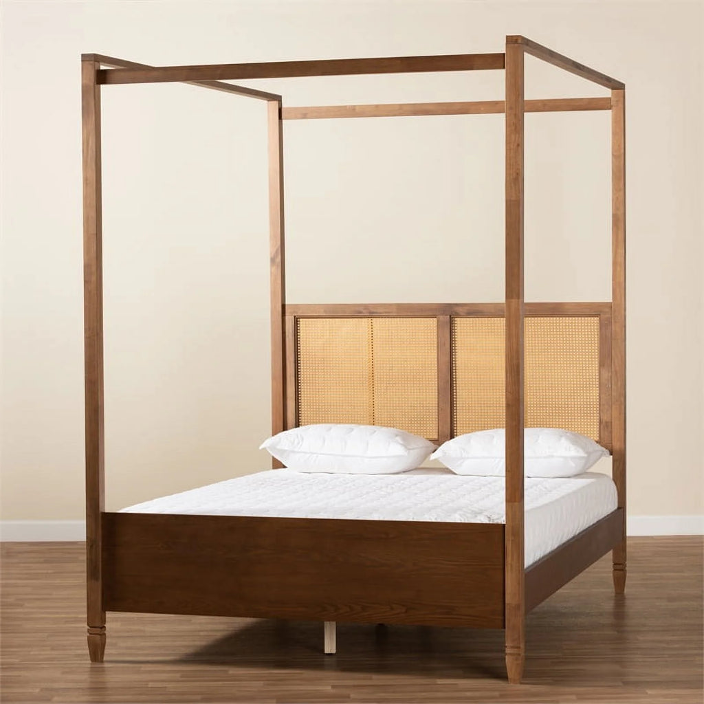 Brown Finished Wood Queen Size Canopy Bed D196