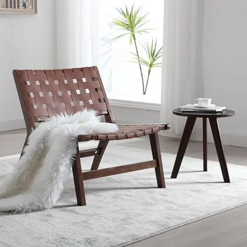 Set of 2 Woven Leather Mid Century Modern Accent Chair with Wood Frame F983392