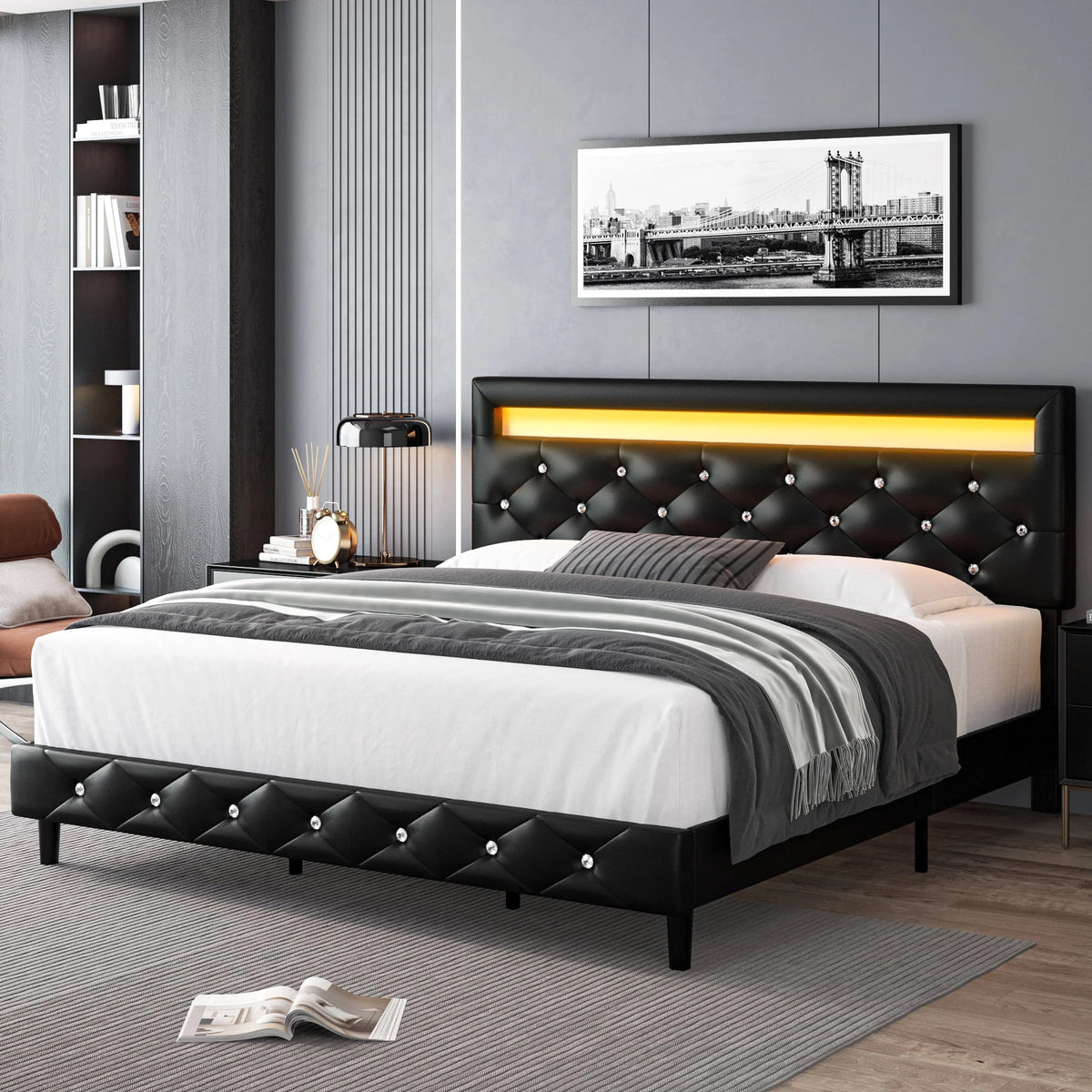 Full Size Black PU Upholstered Platform Bed Frame with LED S254