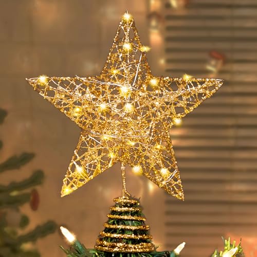 8 inch Gold Glitter Star Tree Topper Metal Lighted with 20 LED Lights W3581