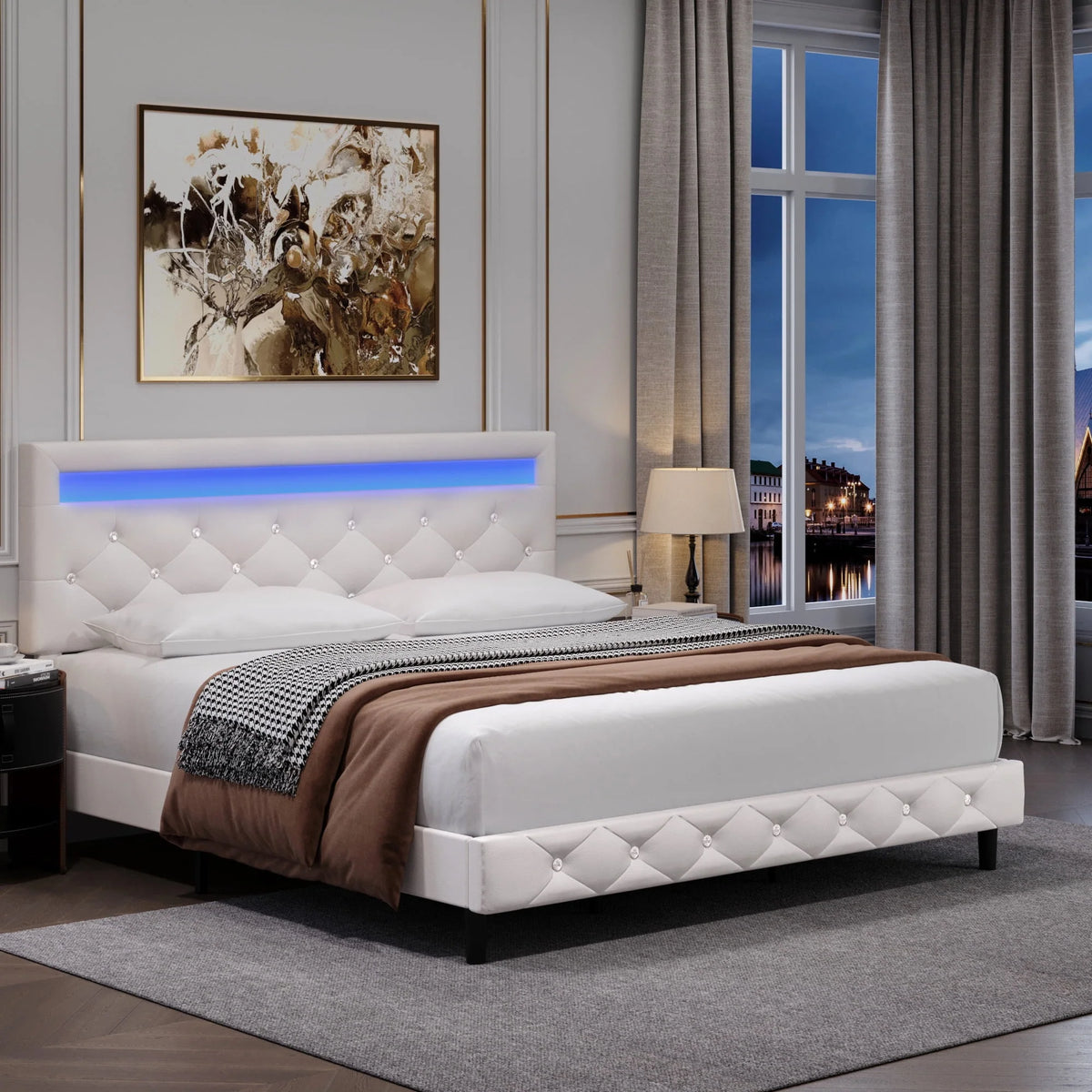 Full Size Black PU Upholstered Platform Bed Frame with LED S254