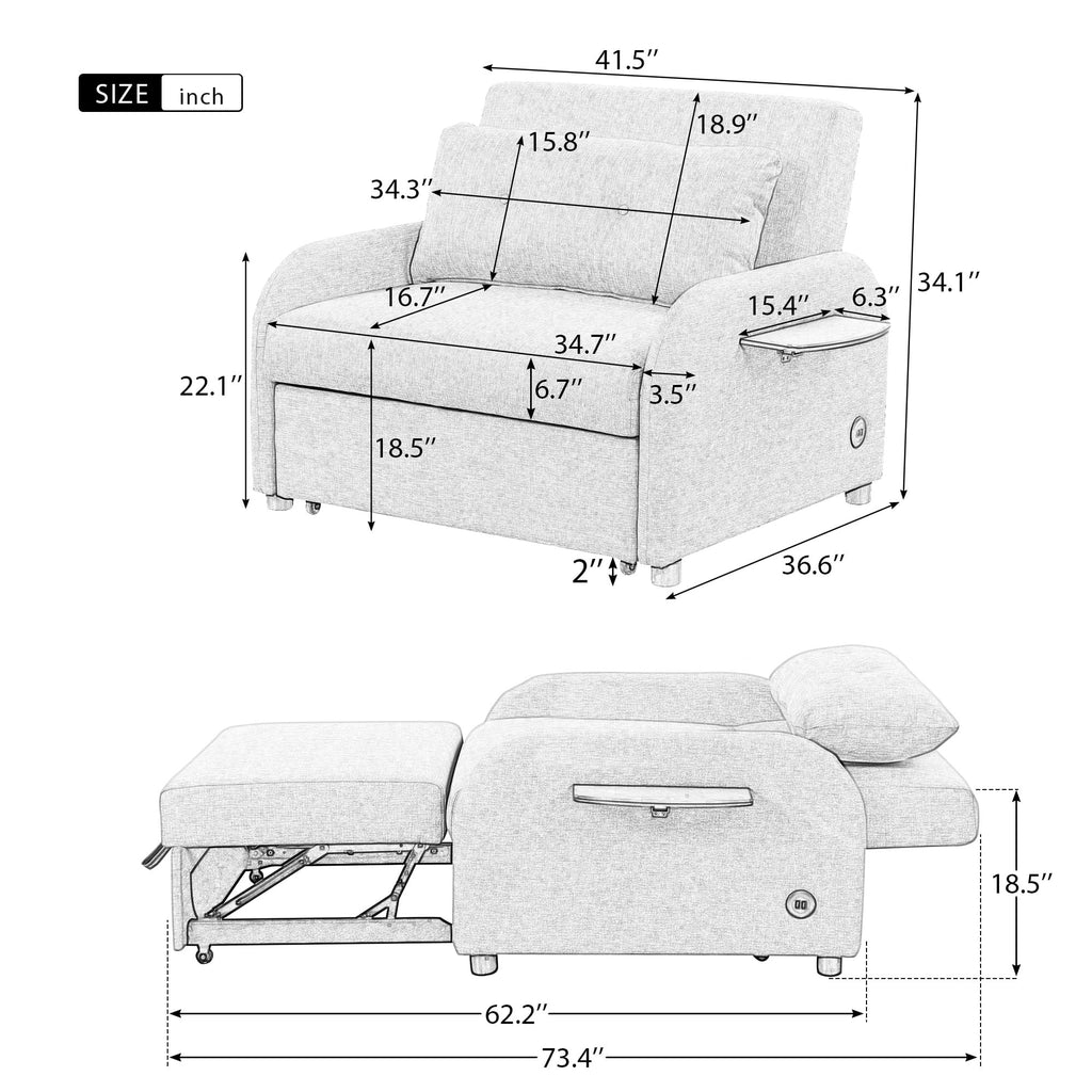 Beige 3 in 1 Pull Out Sofa Sleeper with 2 Wing Table and USB Charge O5807