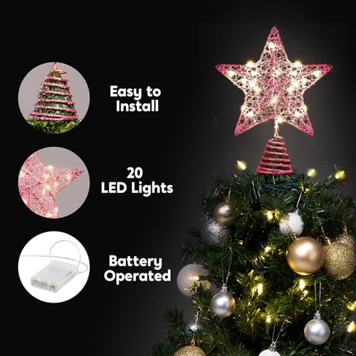 8 inch Gold Glitter Star Tree Topper Metal Lighted with 20 LED Lights W3581