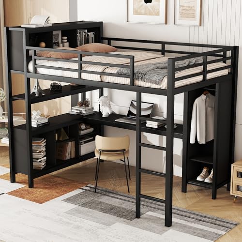 Metal Loft Bed with Wardrobe & L-Shaped Desk, White Queen A238158