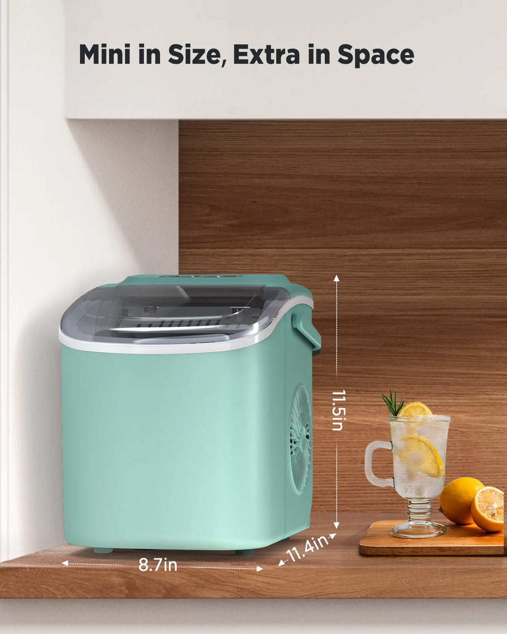 Countertop Ice Maker with Handle, 9 Cubes/6 Mins, 26lbs/24Hrs, Self-Cleaning, Ice Scoop and Basket, 2 Sizes of Bullet Ice, Green B32115