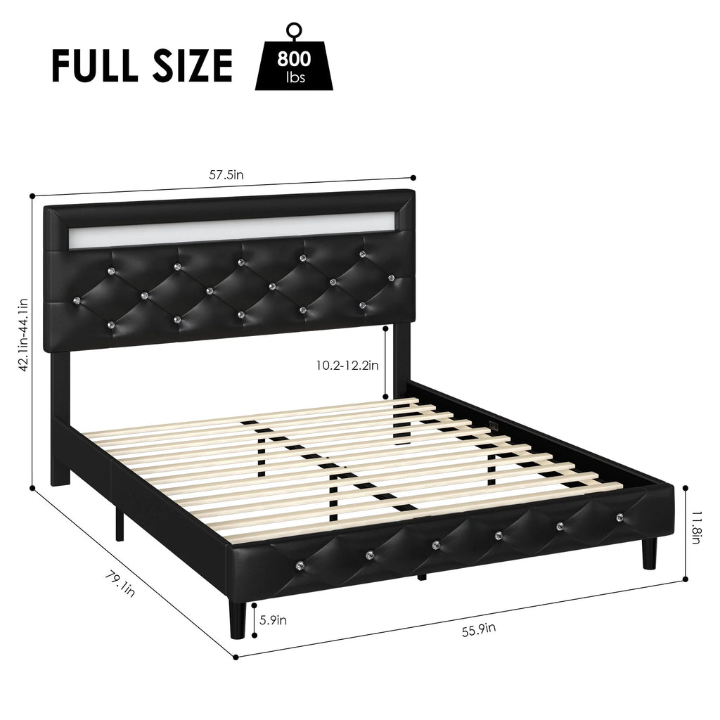Full Size Black PU Upholstered Platform Bed Frame with LED S254