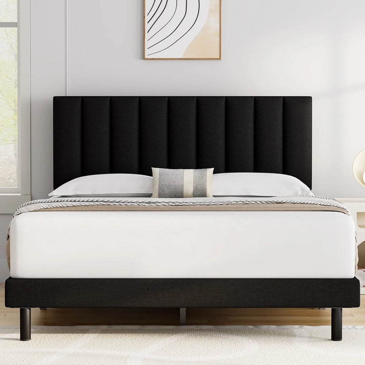 Full Platform Bed Frame with Upholstered Headboard, Beige T842126