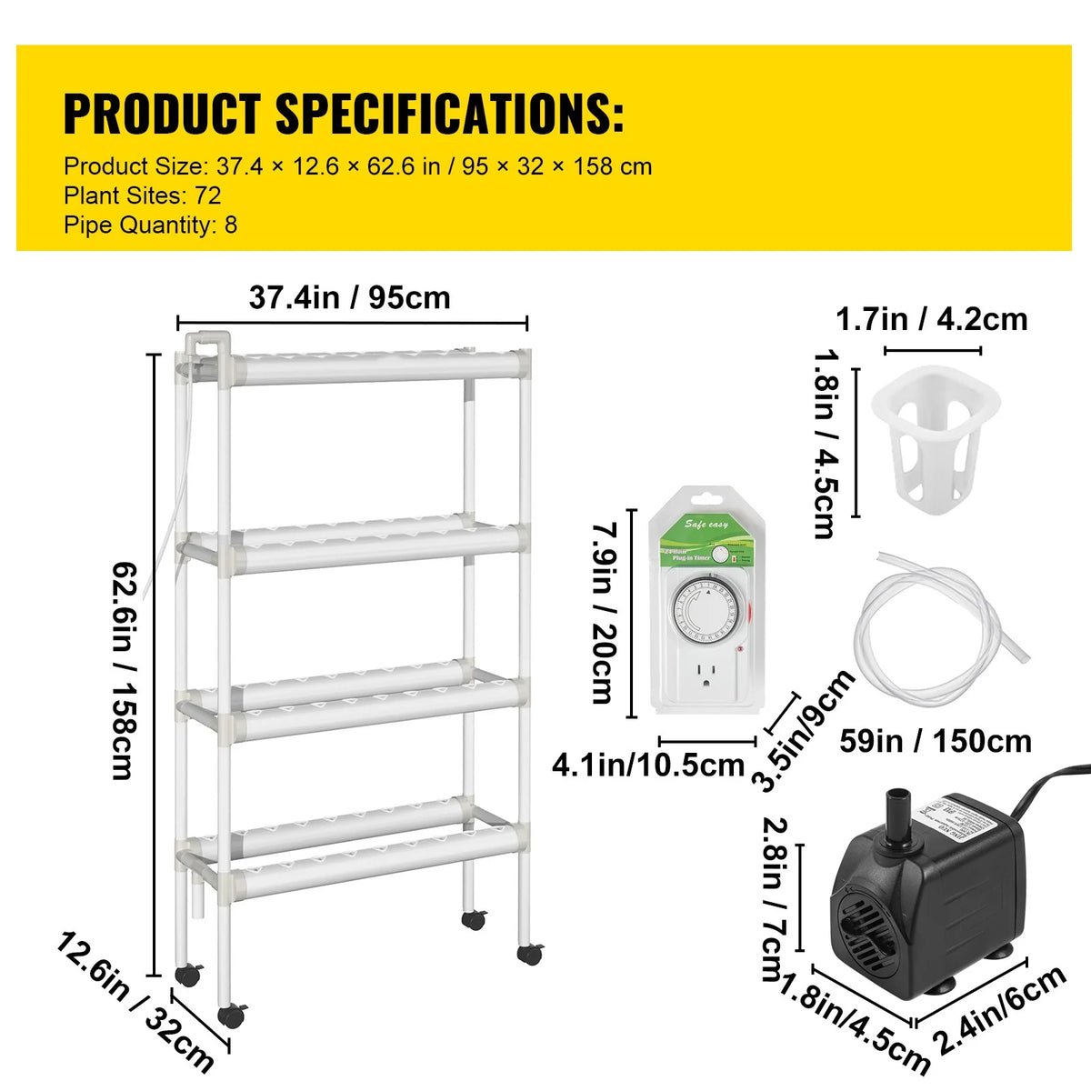 72 Plant Sites 4 Layers 8 Pipes Hydroponic Grow Kit L445