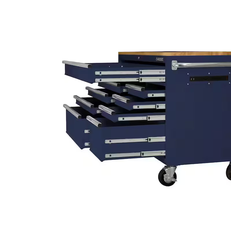 9-Drawer Mobile Workbench Cabinet with Solid Wood Top in Gloss Blue P579