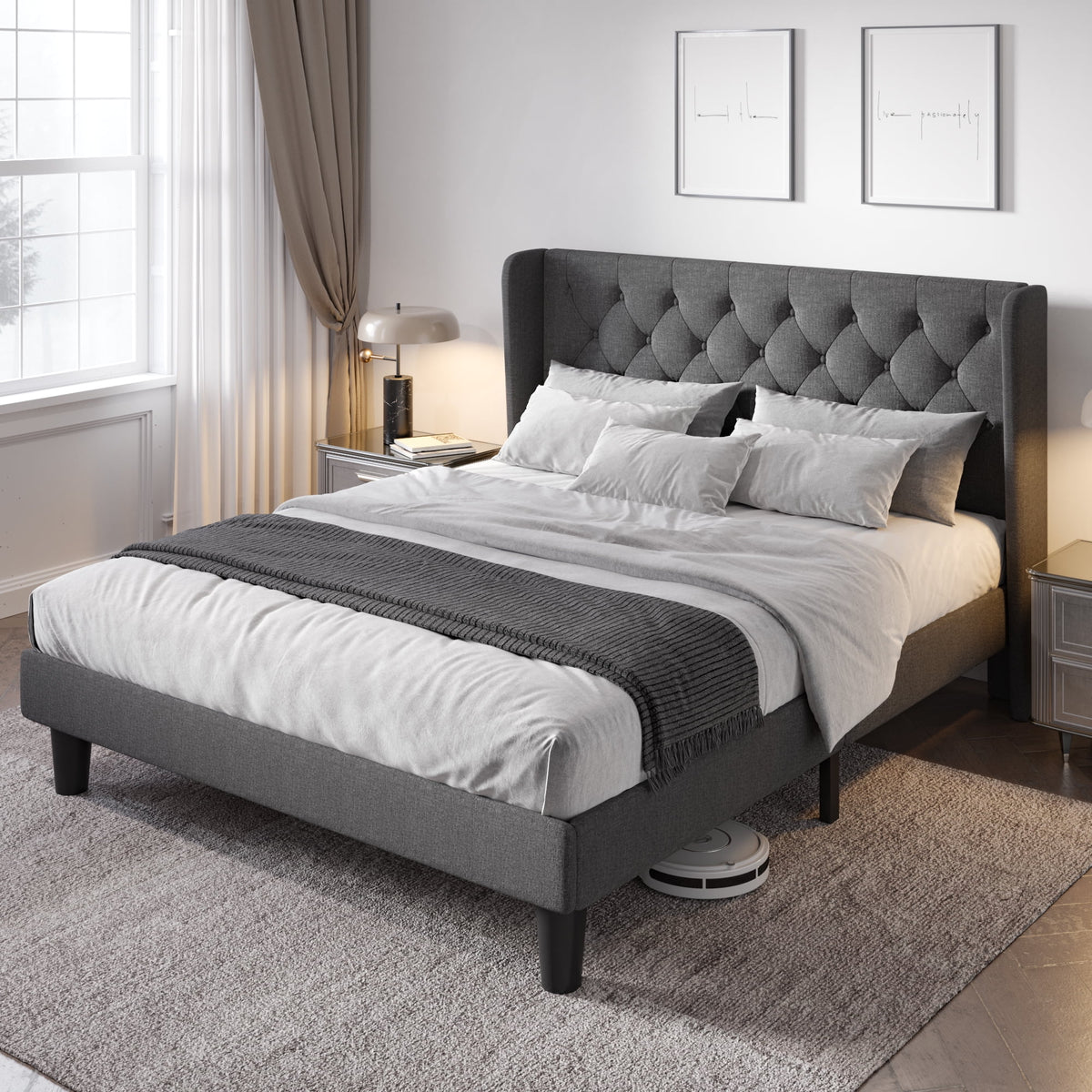 Queen Size Upholstered Platform Bed Frame with Wingback A74651