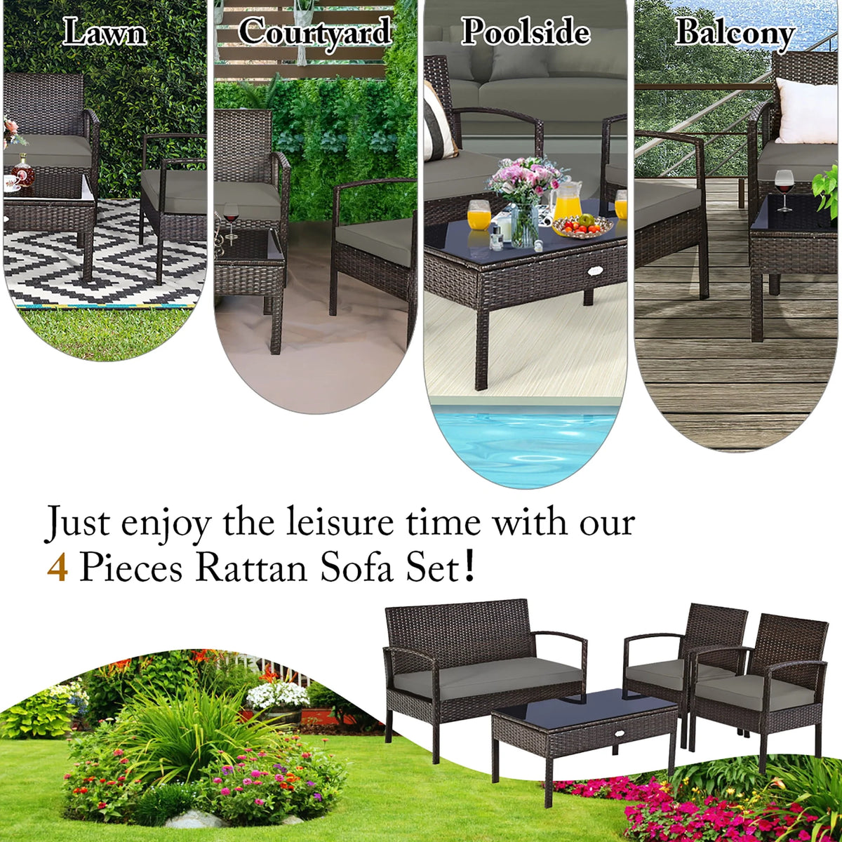 4 Pc Outdoor Patio Rattan Furniture Set Cushioned Sofa Coffee Table O686