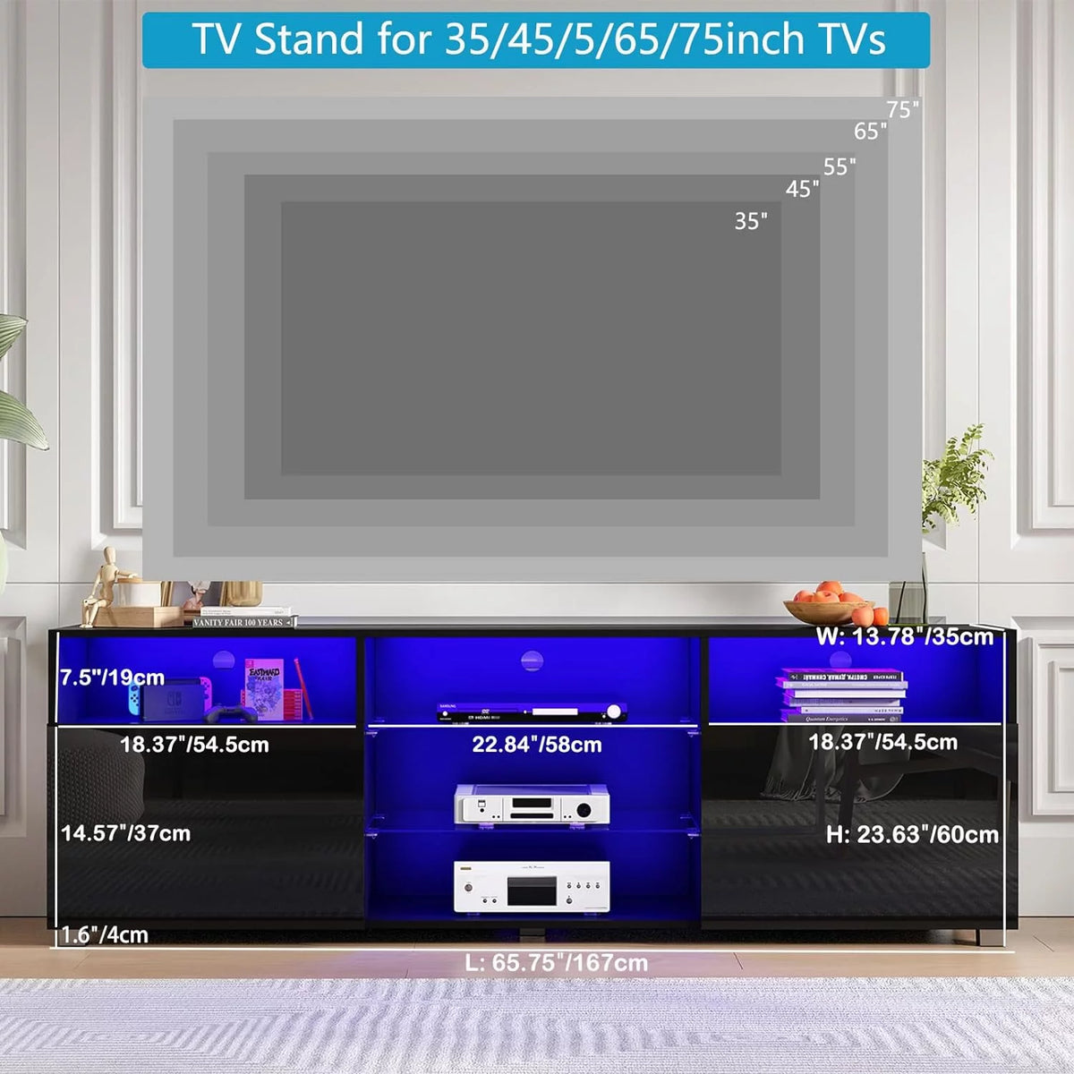 Black LED TV Stand with Glossy Cabinets W7795