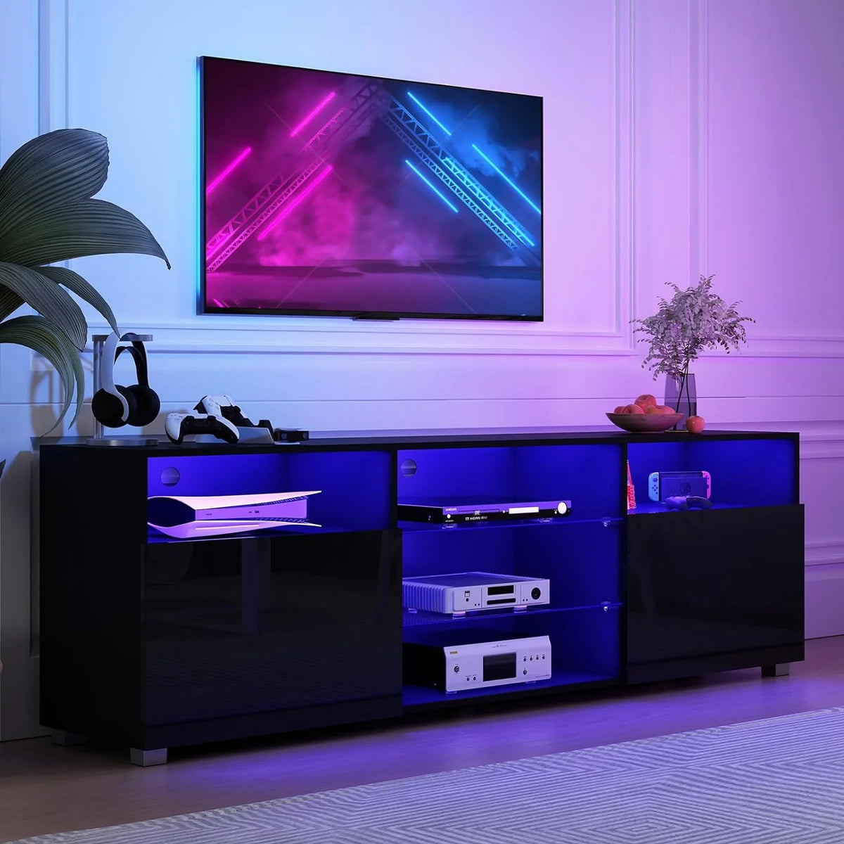 Black LED TV Stand with Glossy Cabinets W7795