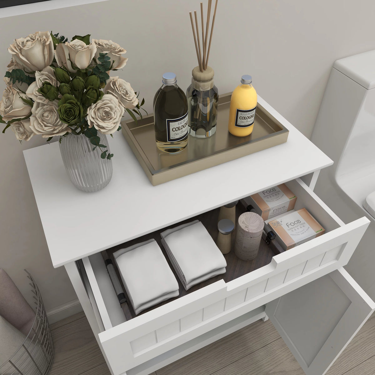 White Wood Bathroom Floor Cabinet 2 Doors 1 Drawer O613053