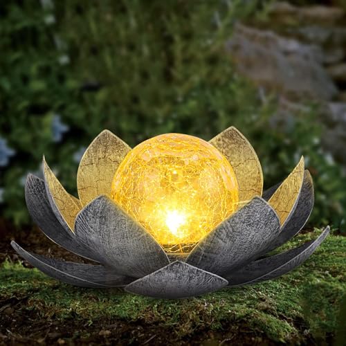 Solar Light Outdoor 2Pack Amber Crackle Glass Metal LED Flower Decoration L726
