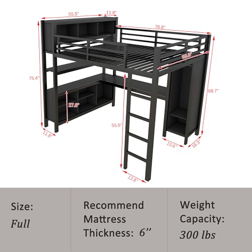 Metal Loft Bed with Wardrobe & L-Shaped Desk, White Queen A238158
