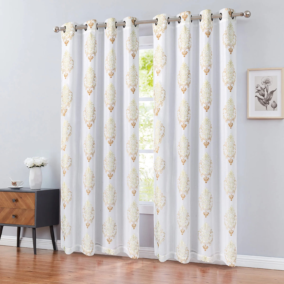 Damask Embroidered Grommet Window Panel with Backing, Gold, 54x84 Inches D4147