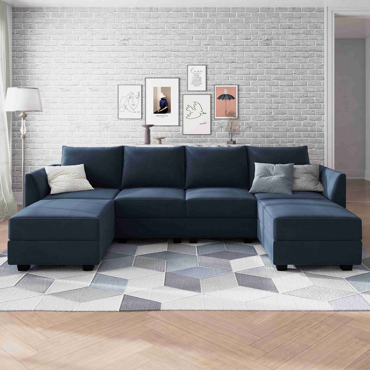 Navy Blue Velvet Modular Sleeper Sofa with Storage Ottomans N17474