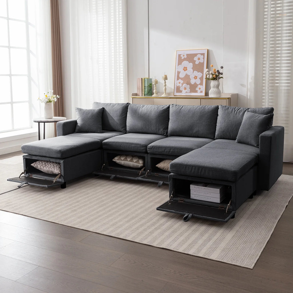 Dark Gray 6-Seater Modular Sectional Sofa with Storage Ottoman W99024