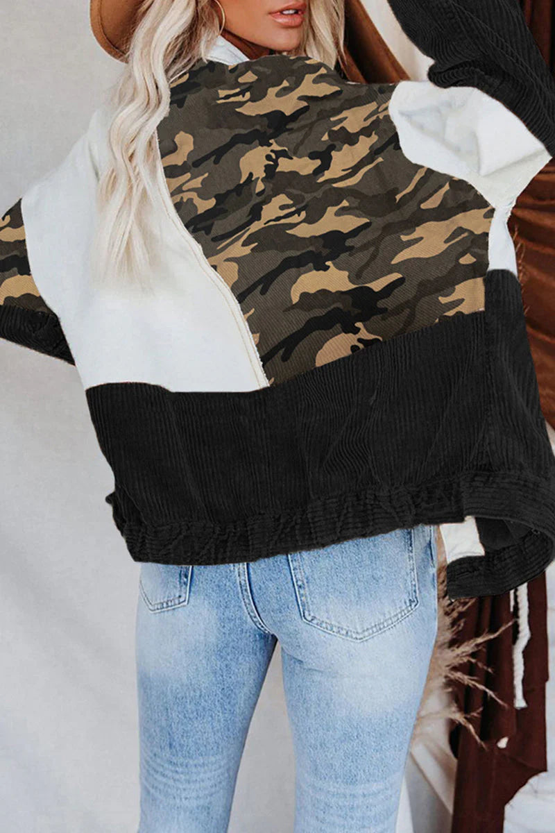 Camouflage Print Tassel Buckle Turndown Collar Outerwear O63537