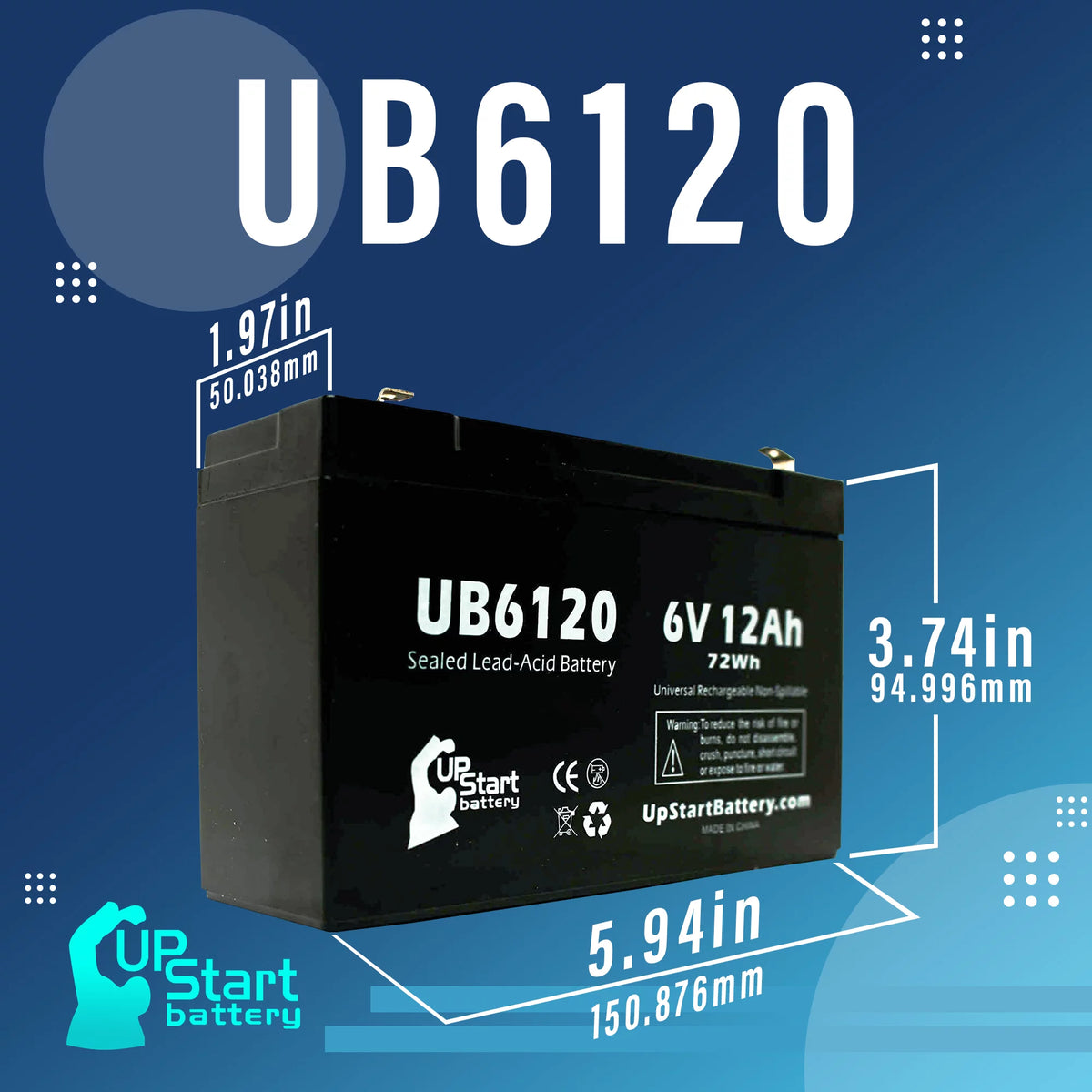 6V 12Ah Sealed Lead Acid Battery with F1 to F2 Terminal Adapters C86492