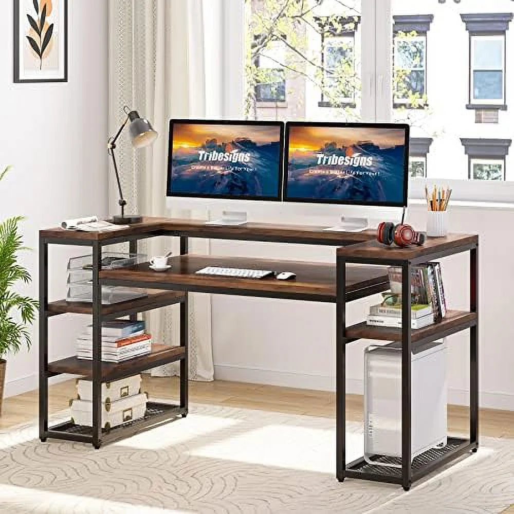 Brown Computer Desk with Monitor Shelf and CPU Stand C19433