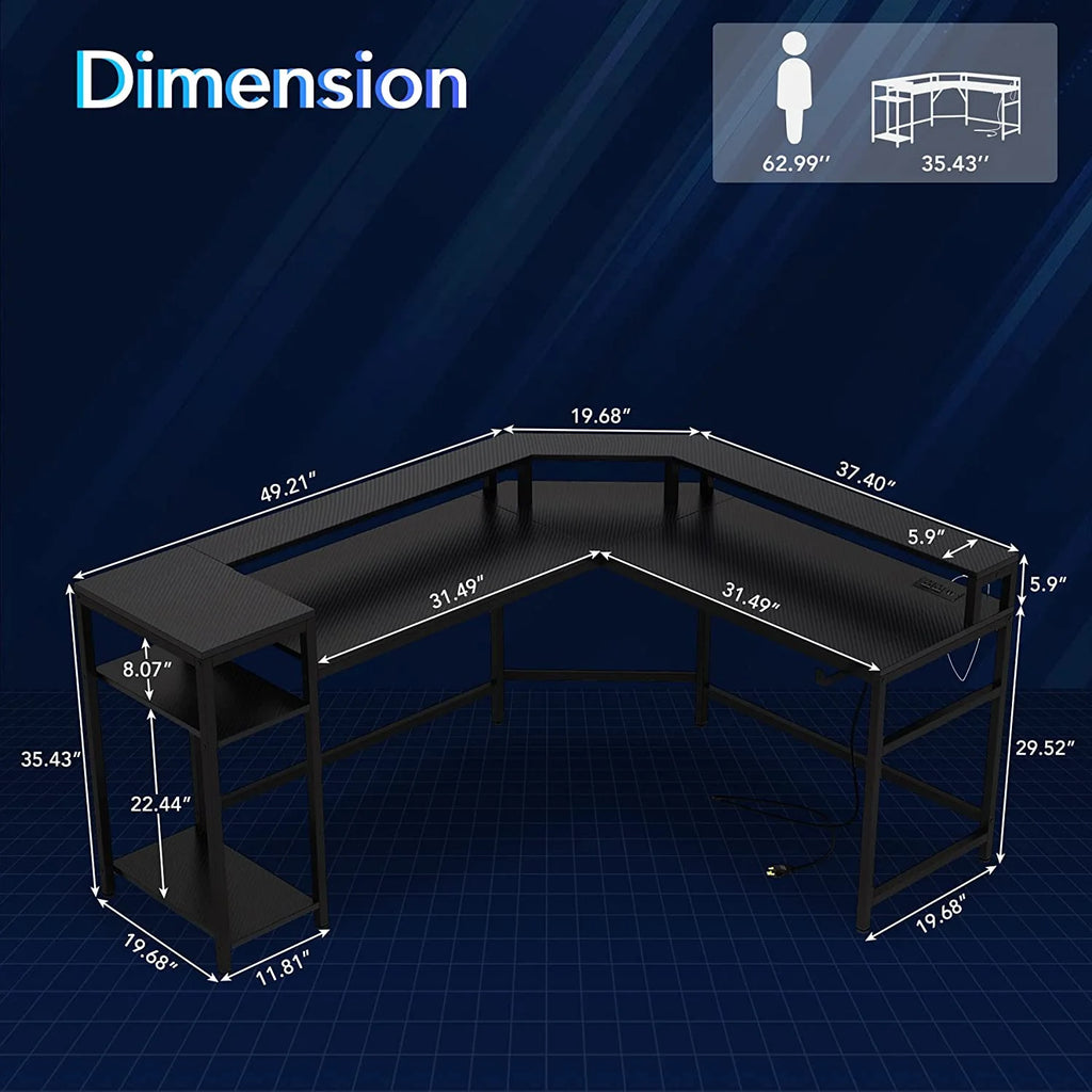 Black L-Shaped Gaming Desk with LED Strips L4134