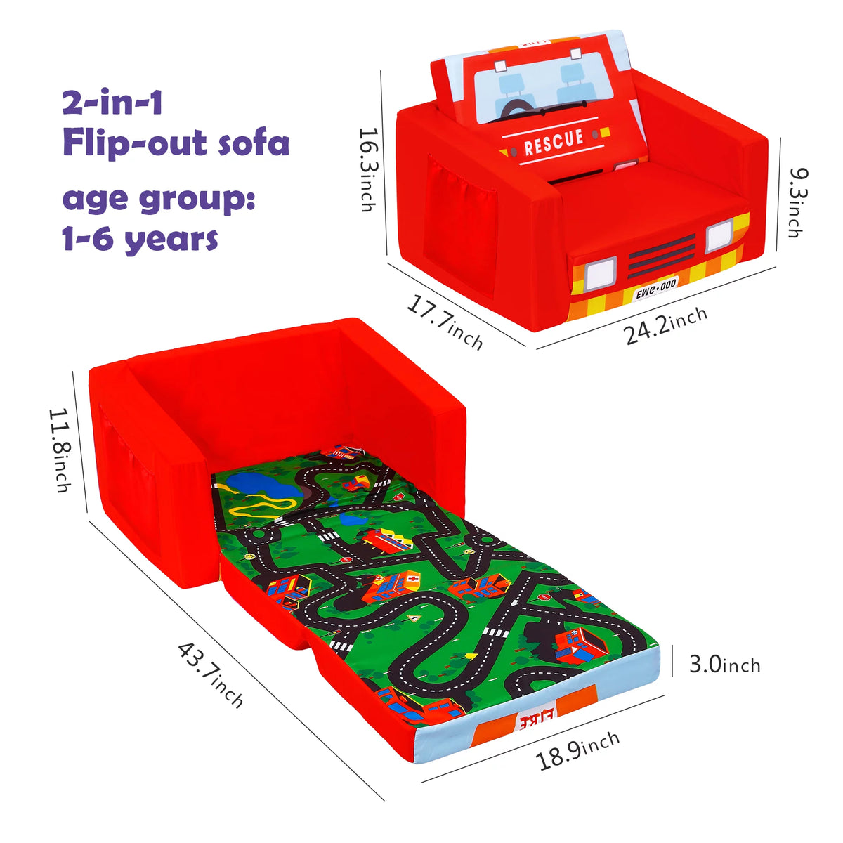 Kids Sofa Bed Upholstered Flipout Recliner B15417
