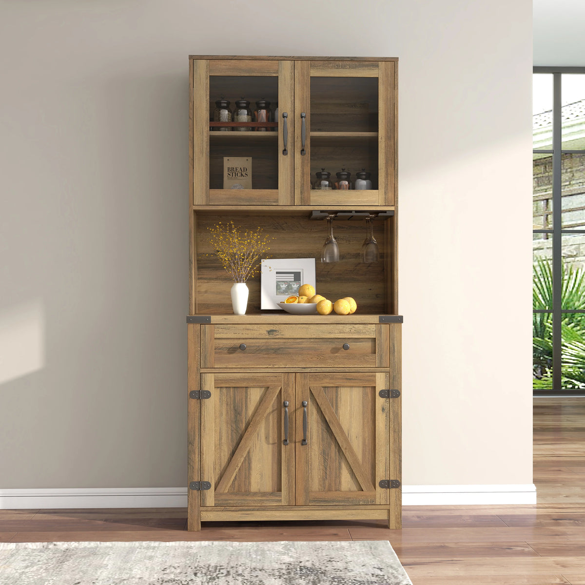 Farmhouse Kitchen Hutch Storage Cabinet with Glass Rack, Drawers, Adjustable Shelves S518334