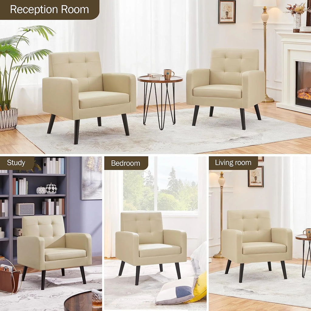 Beige PU Leather Tufted Accent Chair with Wood Legs K176