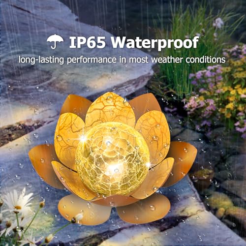 Solar Light Outdoor 2Pack Amber Crackle Glass Metal LED Flower Decoration L726