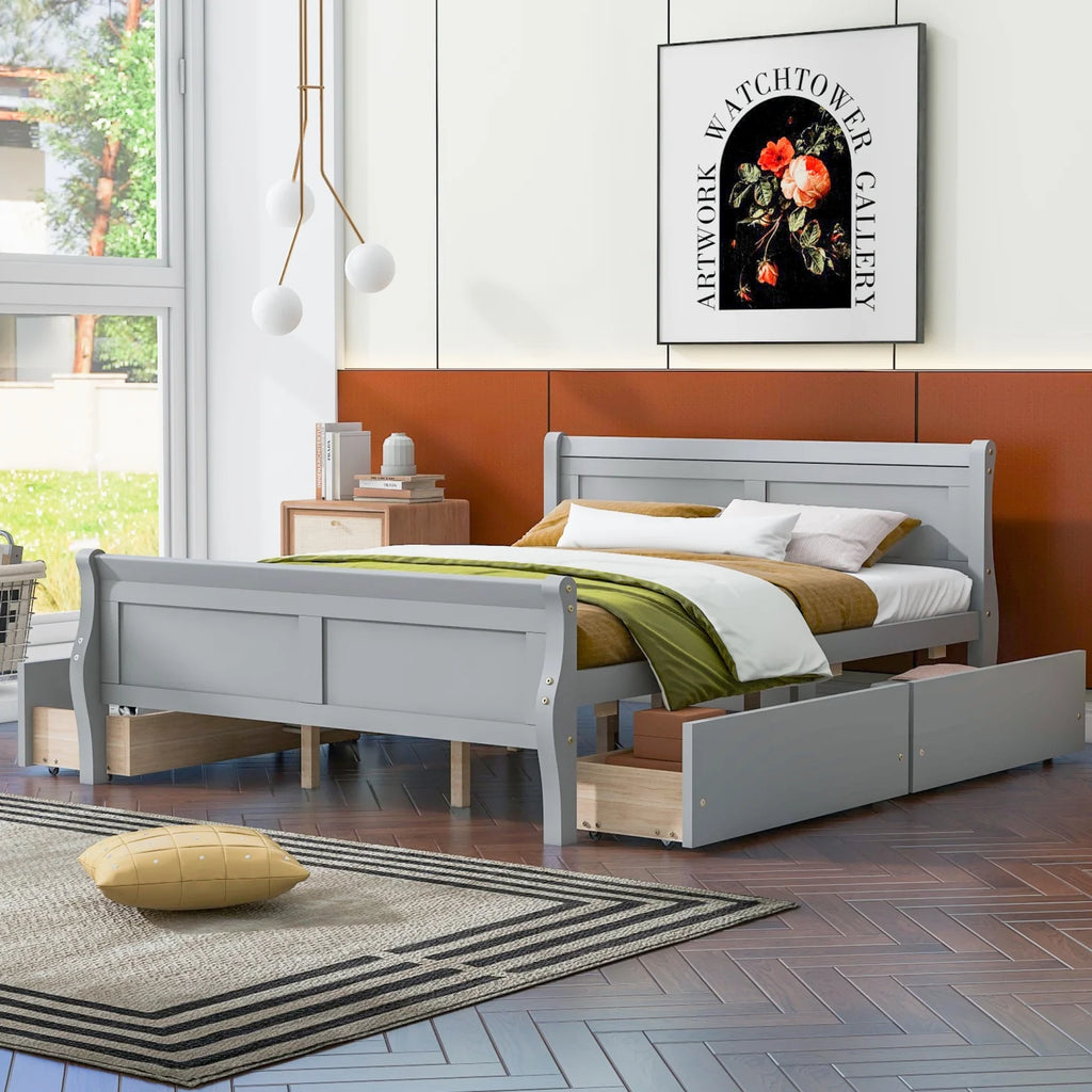 Queen Size Wood Platform Bed with 4 Drawers H12667