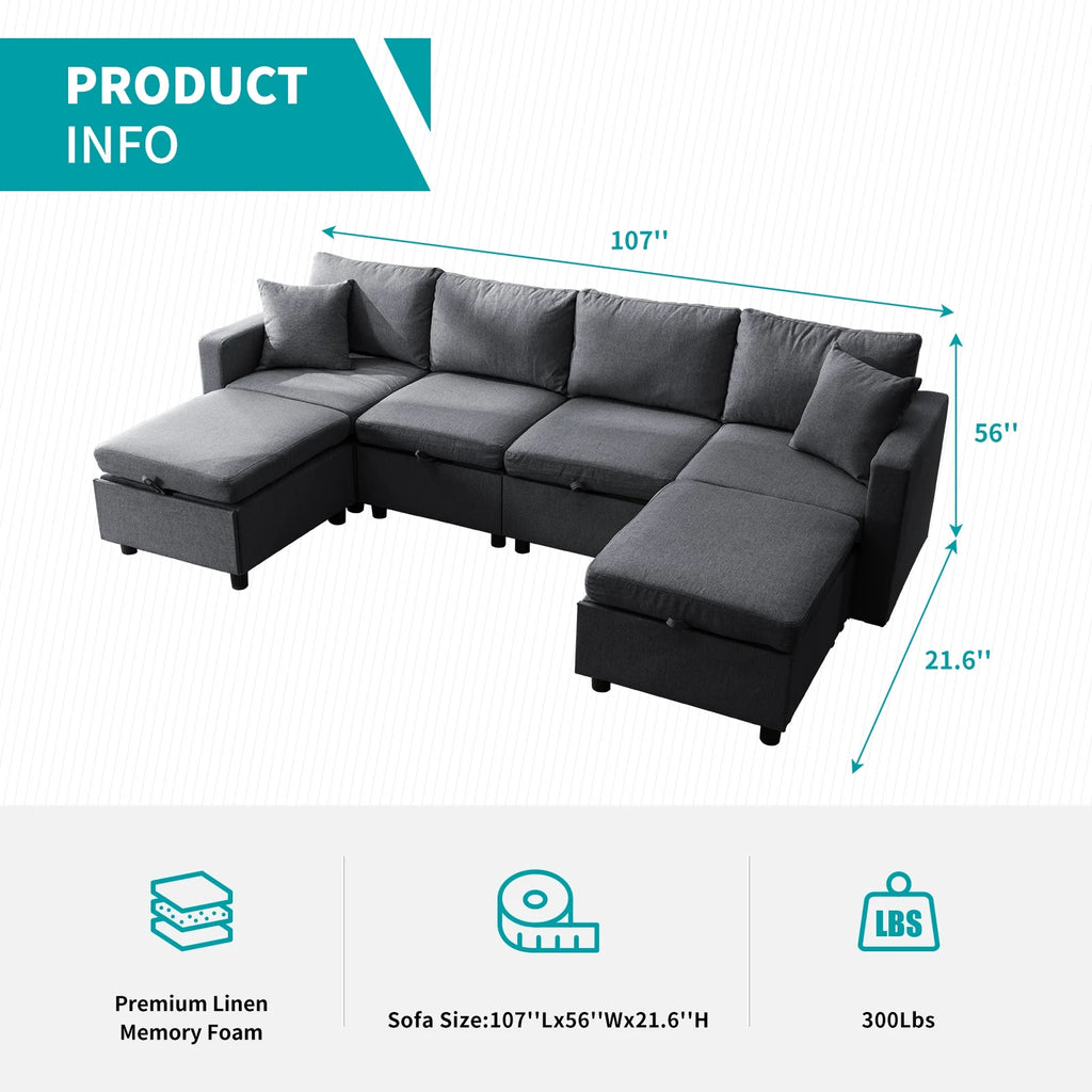 Dark Gray 6-Seater Modular Sectional Sofa with Storage Ottoman W99024
