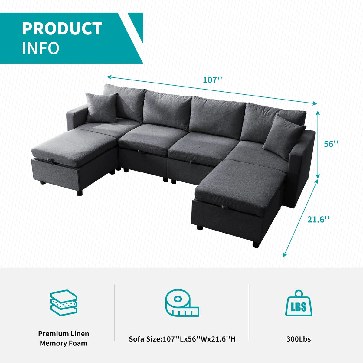Dark Gray 6-Seater Modular Sectional Sofa with Storage Ottoman W99024