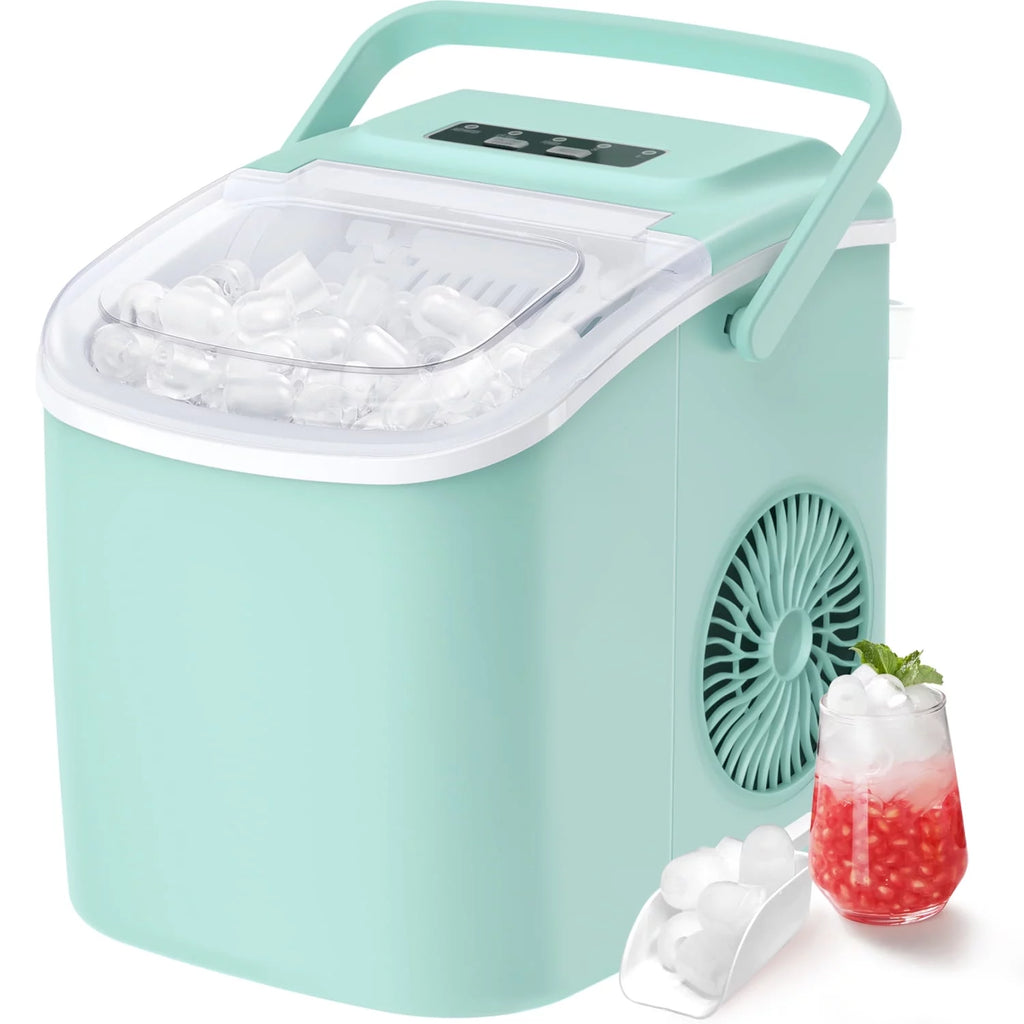Countertop Ice Maker with Handle, 9 Cubes/6 Mins, 26lbs/24Hrs, Self-Cleaning, Ice Scoop and Basket, 2 Sizes of Bullet Ice, Green B32115