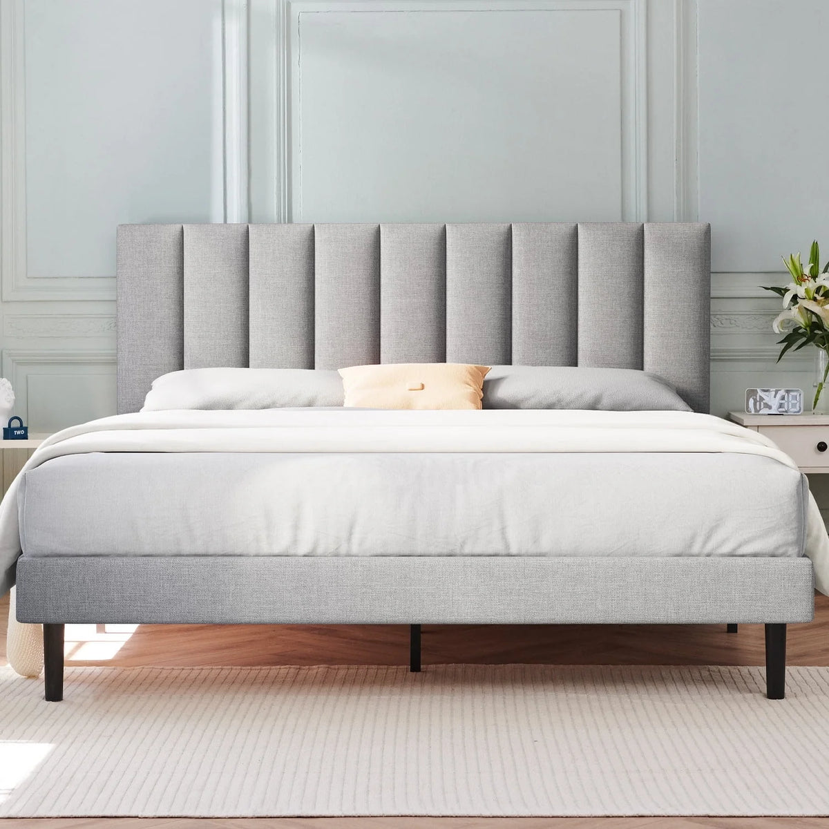 Full Platform Bed Frame with Upholstered Headboard, Beige T842126
