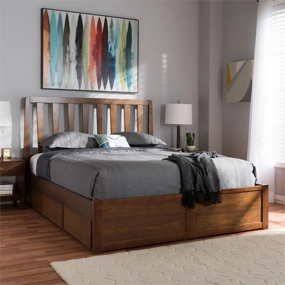 Queen Spindle Storage Platform Bed in Walnut Brown I649