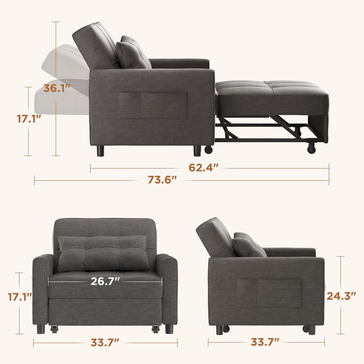 Grey 3 in 1 Convertible Sofa Bed Chair Z5536