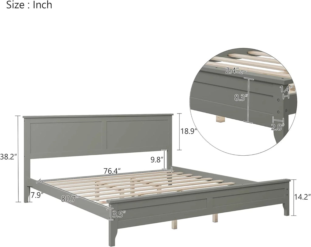 Pine King Size Solid Wood Platform Bed Frame with Headboard K5249