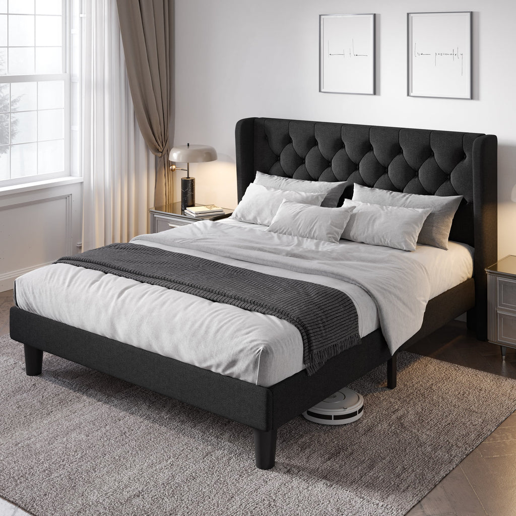 Queen Size Upholstered Platform Bed Frame with Wingback A74651