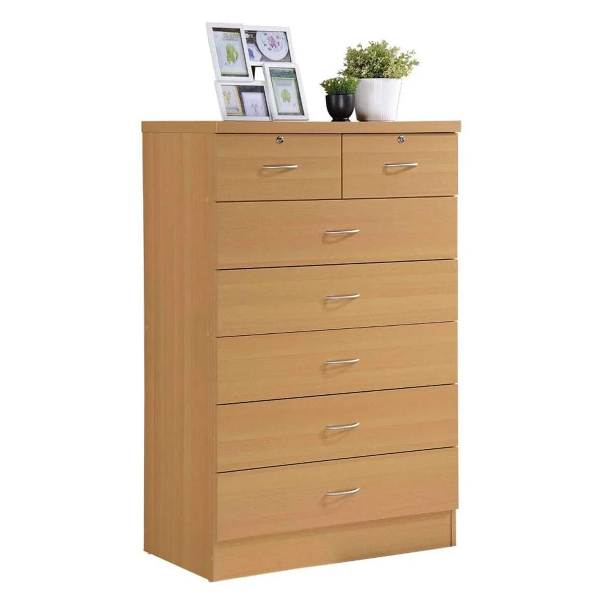 7 Drawer Wooden Jumbo Dresser Chest with 2 Top Locks, Cherry F9887