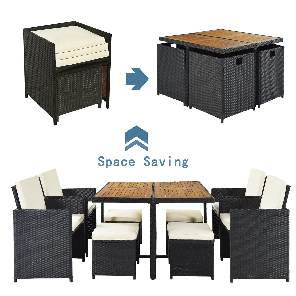 9 Piece Rattan Wicker Patio Dining Set with Ottoman J418454