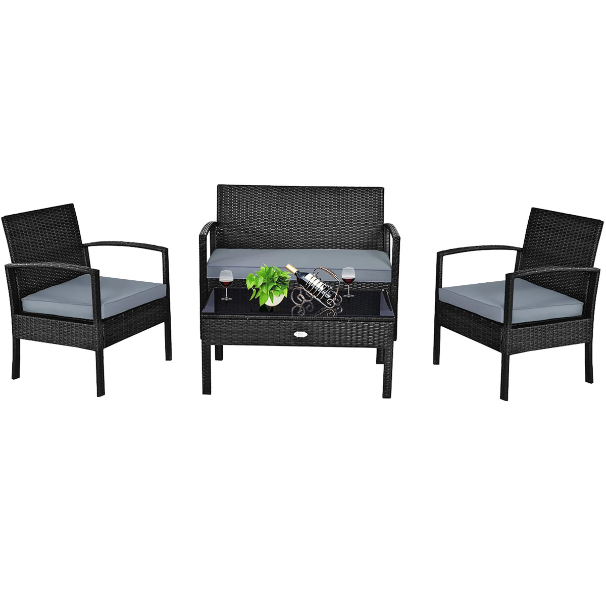 4 Pc Outdoor Patio Rattan Furniture Set Cushioned Sofa Coffee Table O686