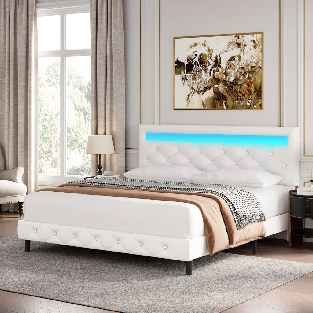 Full Size Black PU Upholstered Platform Bed Frame with LED S254
