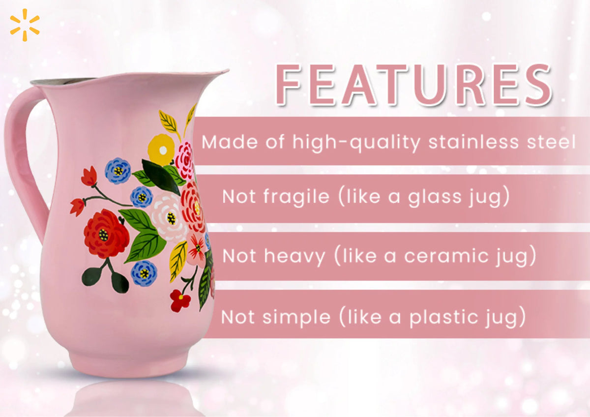 Hand-Painted Floral Stainless Steel Pink Water Pitcher E78158