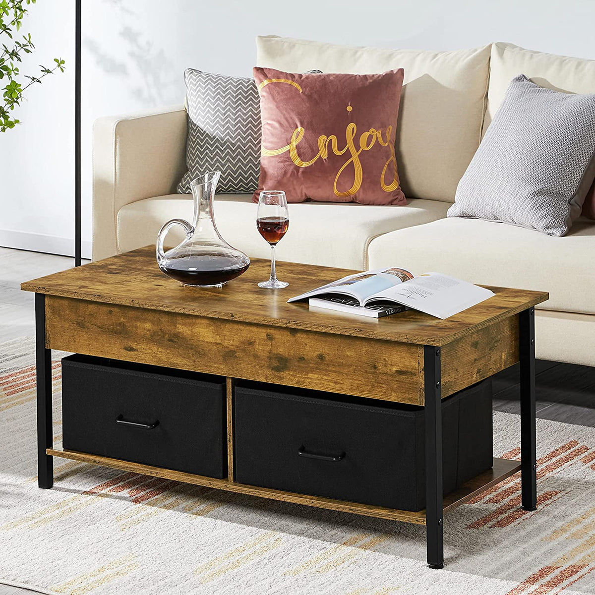 Lift Top Coffee Table with Hidden Storage and 2 Fabric Baskets U5435