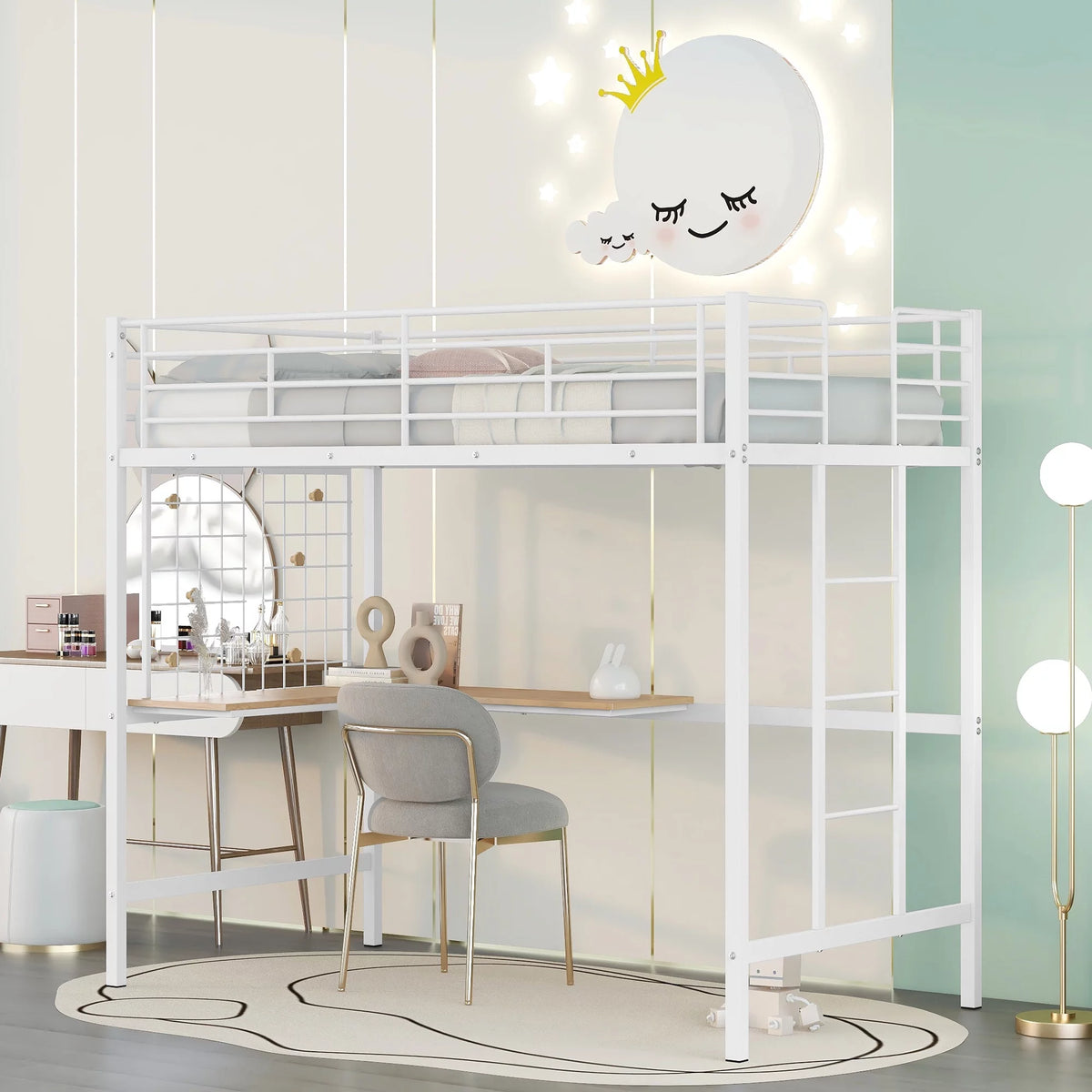 White Twin Metal Loft Bed with Desk, Ladder and Guardrail X263
