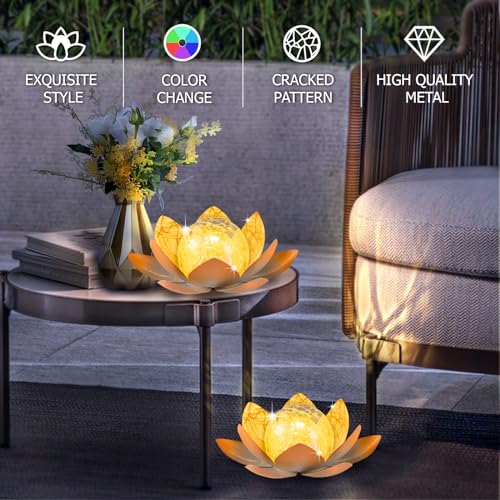 Solar Light Outdoor 2Pack Amber Crackle Glass Metal LED Flower Decoration L726