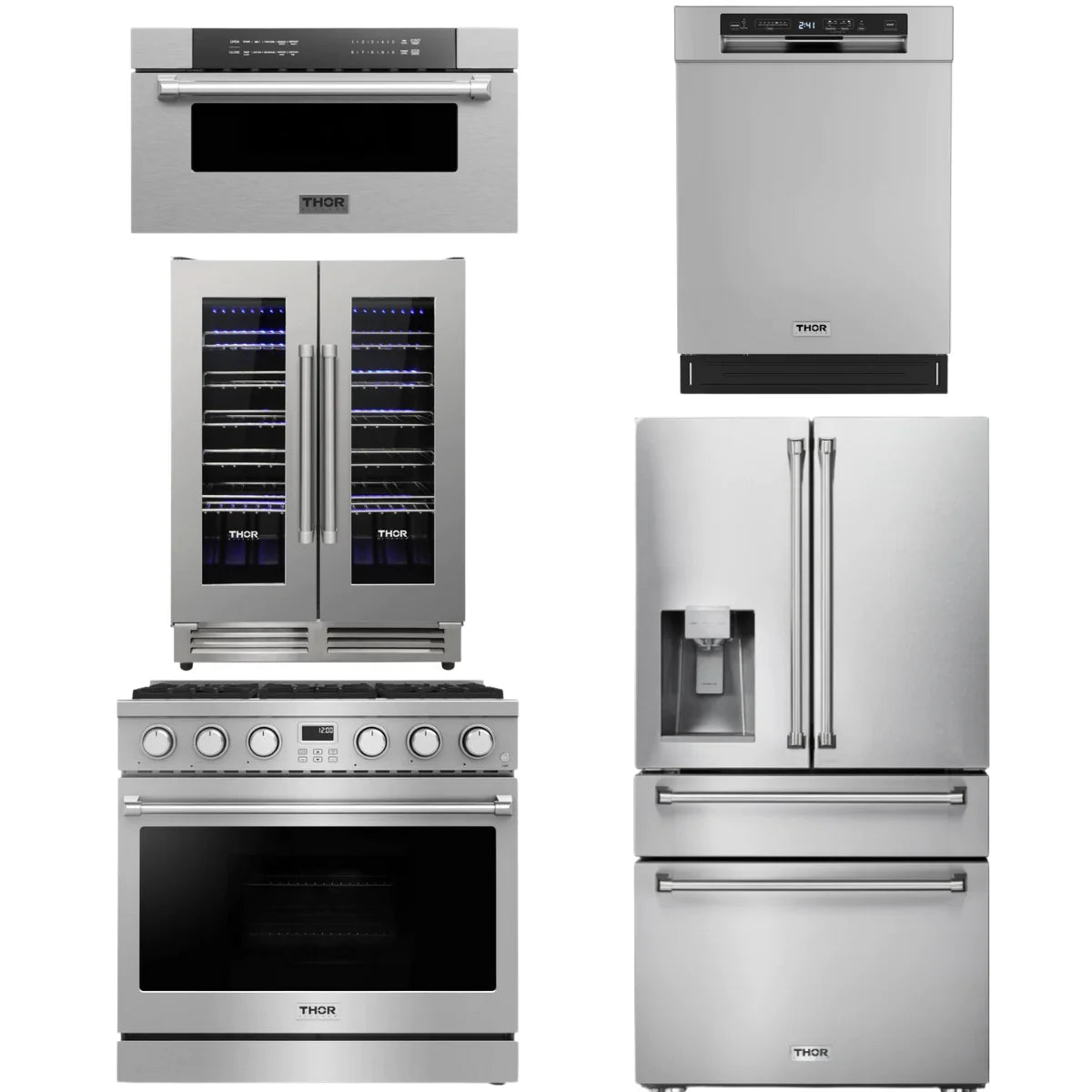 36 Gas Range, Refrigerator, Dishwasher, Microwave and Wine Cooler E761