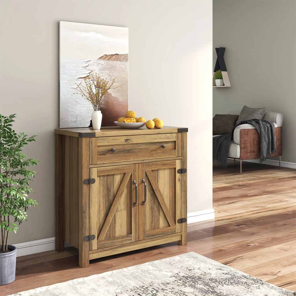 Farmhouse Kitchen Hutch Storage Cabinet with Glass Rack, Drawers, Adjustable Shelves S518334